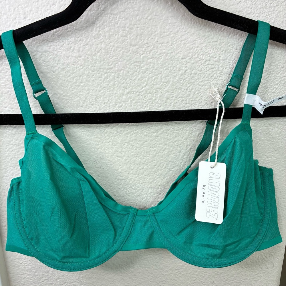 Aerie Smoothez Green Microfiber Mesh Unlined Underwire Balconette Bra 36C NEW